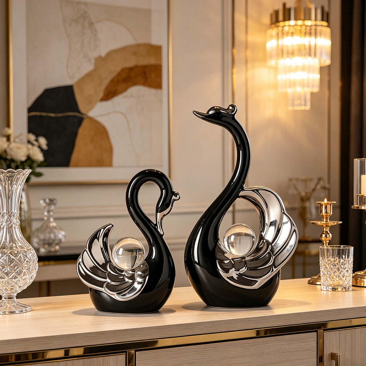 Ornamen Angsa Pasangan Keramik - Crystal Ball Decor ulasan dan harga